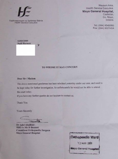 Click on image to see full-sized version Letter from Hospital to court